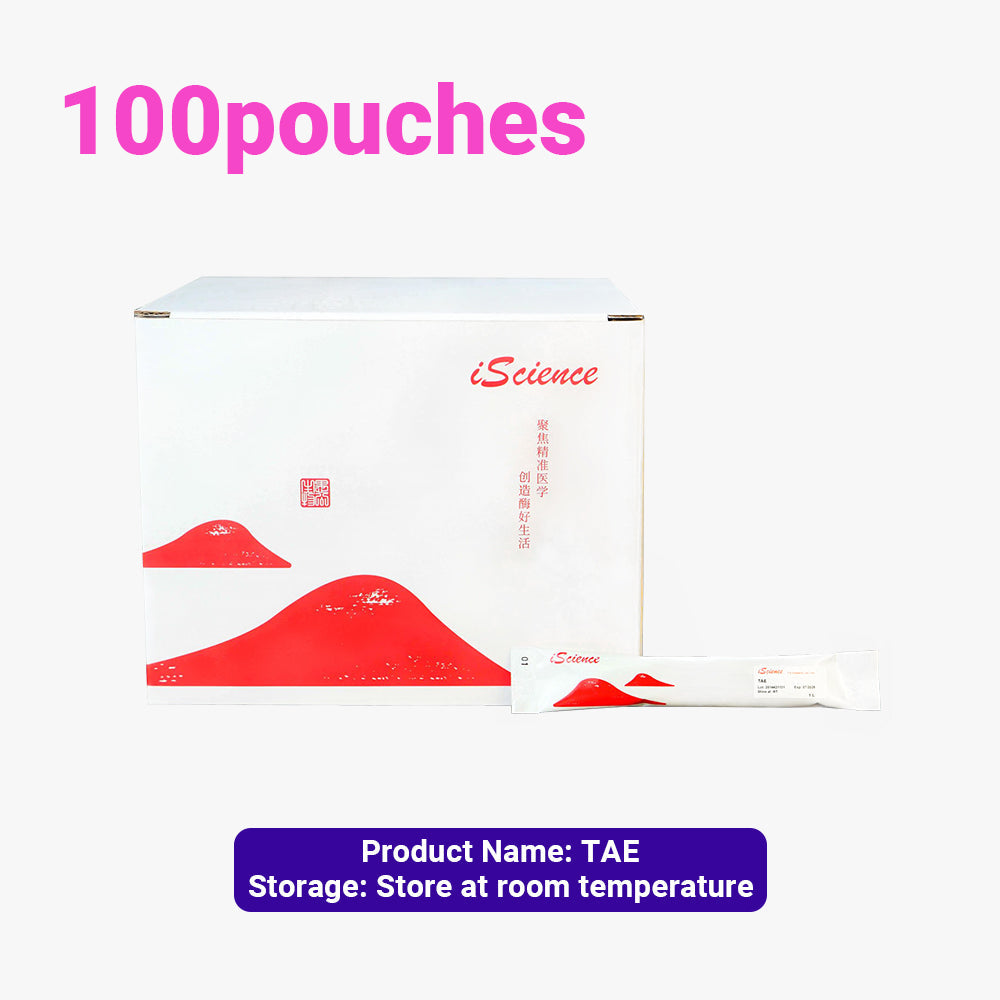 100 paquetes de gránulos instantáneos de solución tampón TAE, concentración de 1 l/bolsa, almacenamiento a temperatura ambiente, apto para envío a temperatura ambiente.