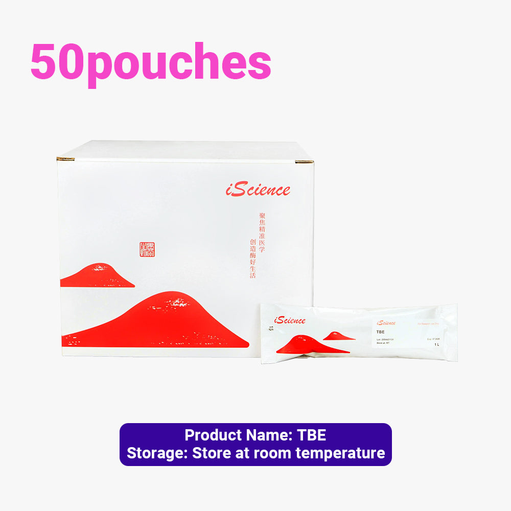 50 paquetes de gránulos instantáneos de solución tampón TBE, concentración de 1 l/bolsa, almacenamiento a temperatura ambiente, condiciones de envío ambientales.