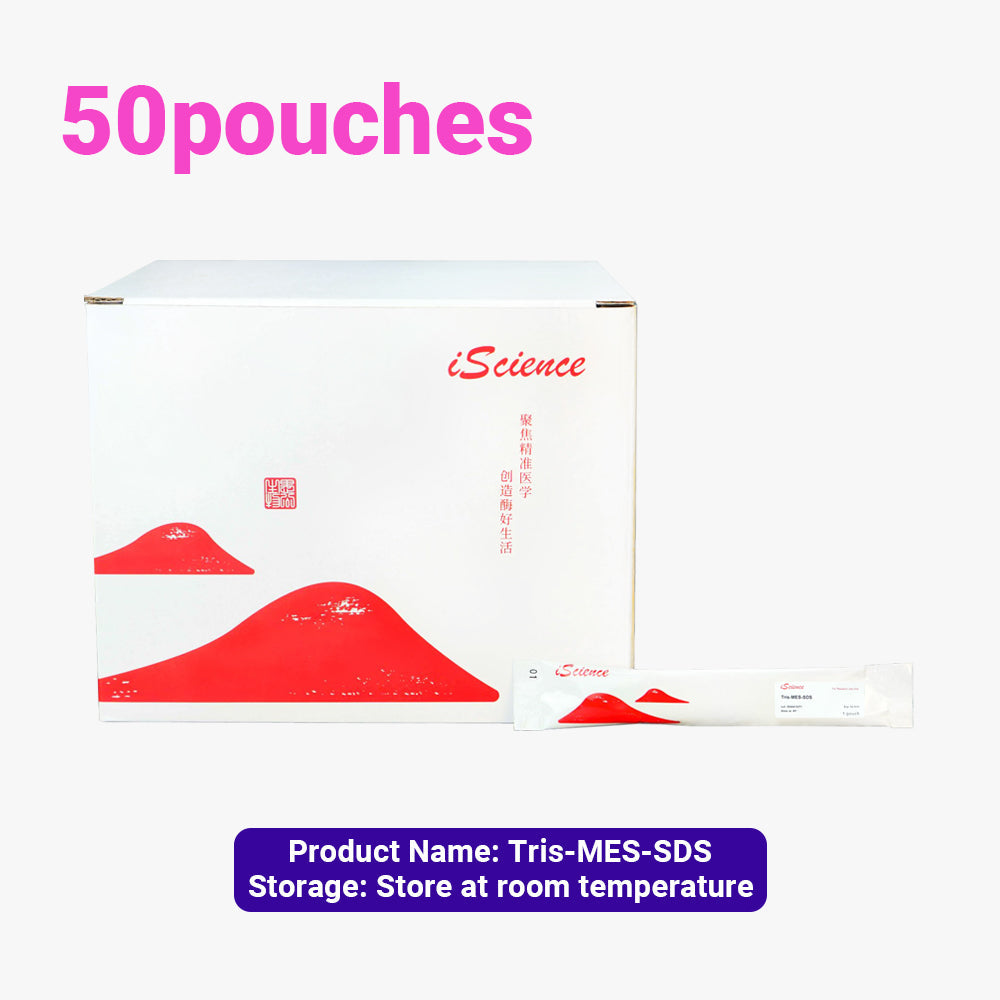 50 paquetes de gránulos instantáneos de solución tampón Tris-MES-SDS, concentración de 1 l/bolsa, almacenamiento a temperatura ambiente, aptos para envío a temperatura ambiente.