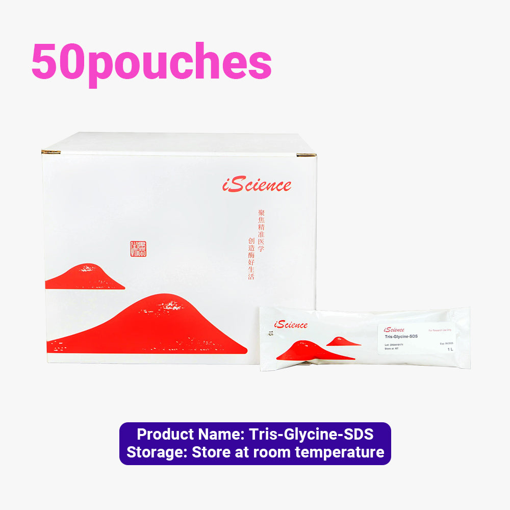 50 paquetes de gránulos instantáneos de solución tampón de tris-glicina-SDS, concentración de 1 l/bolsa, almacenamiento a temperatura ambiente, apto para envío a temperatura ambiente.