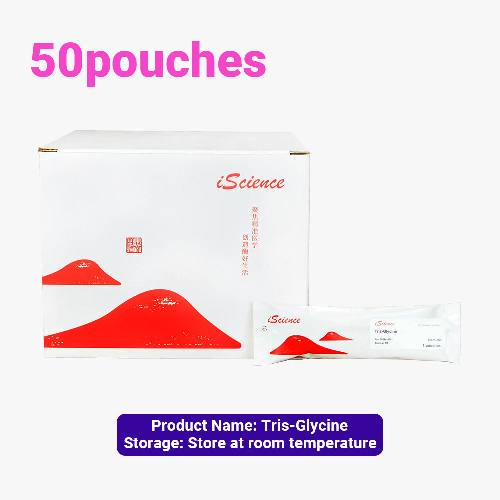 50 paquetes de gránulos instantáneos de solución tampón de tris-glicina, concentración de 1 l/bolsa, almacenamiento a temperatura ambiente, apto para envío a temperatura ambiente.