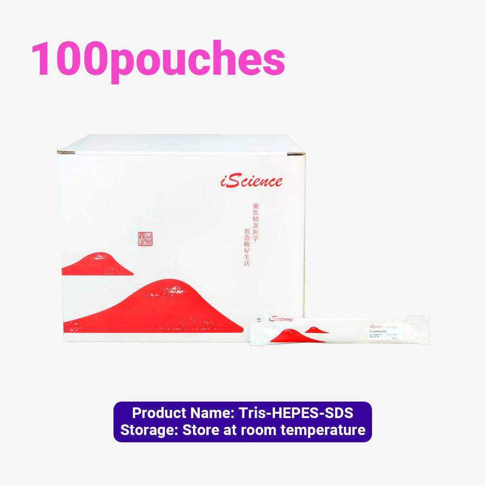 100 paquetes de gránulos instantáneos de solución Tris-HEPES-SDS, concentración de 0,5 l/bolsa, almacenamiento a temperatura ambiente, apto para envío a temperatura ambiente.