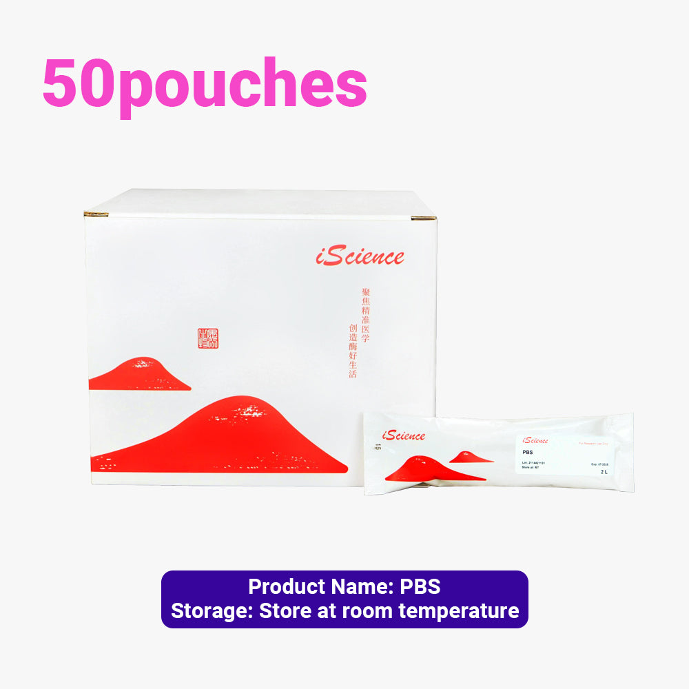 50 paquetes de gránulos instantáneos de solución tampón PBS, concentración de 2 l/bolsa, almacenamiento a temperatura ambiente, apto para envío a temperatura ambiente.