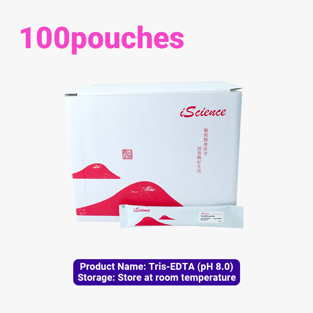 100 paquetes de gránulos instantáneos de solución Tris-EDTA (pH 8.0), concentración de 1 L/bolsa, almacenamiento a temperatura ambiente, apto para envío a temperatura ambiente.