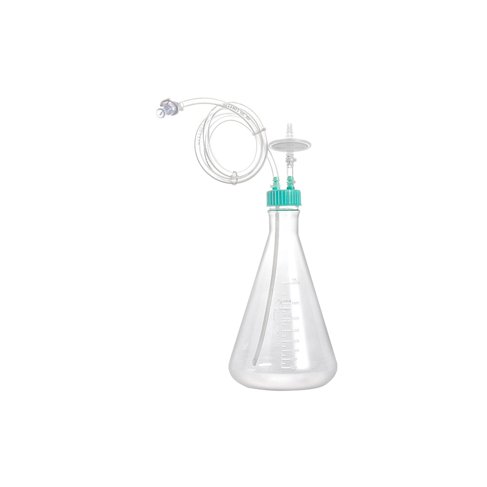 Sistema cerrado para matraces Erlenmeyer de 120 cm, tubo termoplástico de 120 cm de longitud, diámetro interior: 1/4" y exterior: 3/8", conector de tubo MPC, filtro de PTFE de 0,22 µm, estéril, 6 unidades por caja.