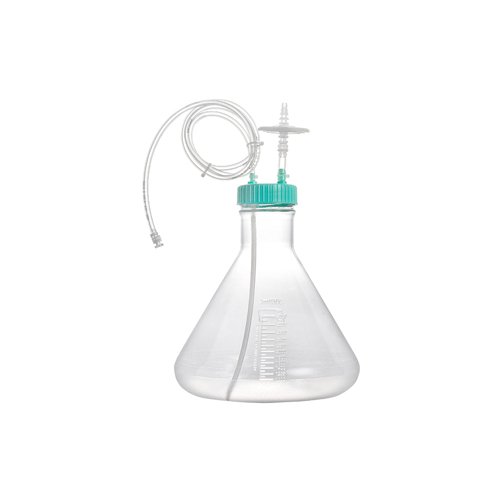Sistema cerrado para matraces Erlenmeyer de 120 cm, tubo termoplástico de 120 cm de longitud, diámetro interior: 1/8" y exterior: 1/4", conector de tubo MLL, filtro de PTFE de 0,22 µm, estéril, 6 unidades por caja.