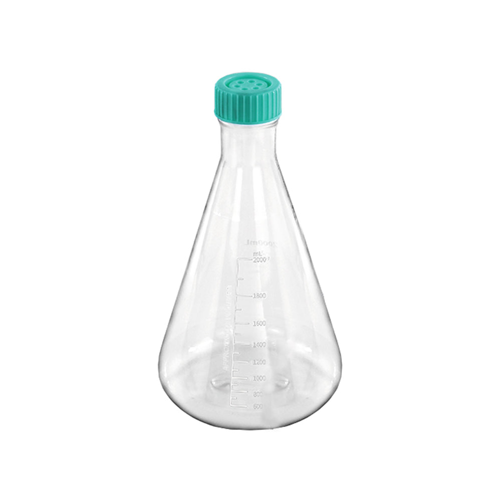 Matraz Erlenmeyer de PC estéril de 2000 ml, sin tratamiento, tapón de sellado, ADNasa/ARNasa, apirógeno