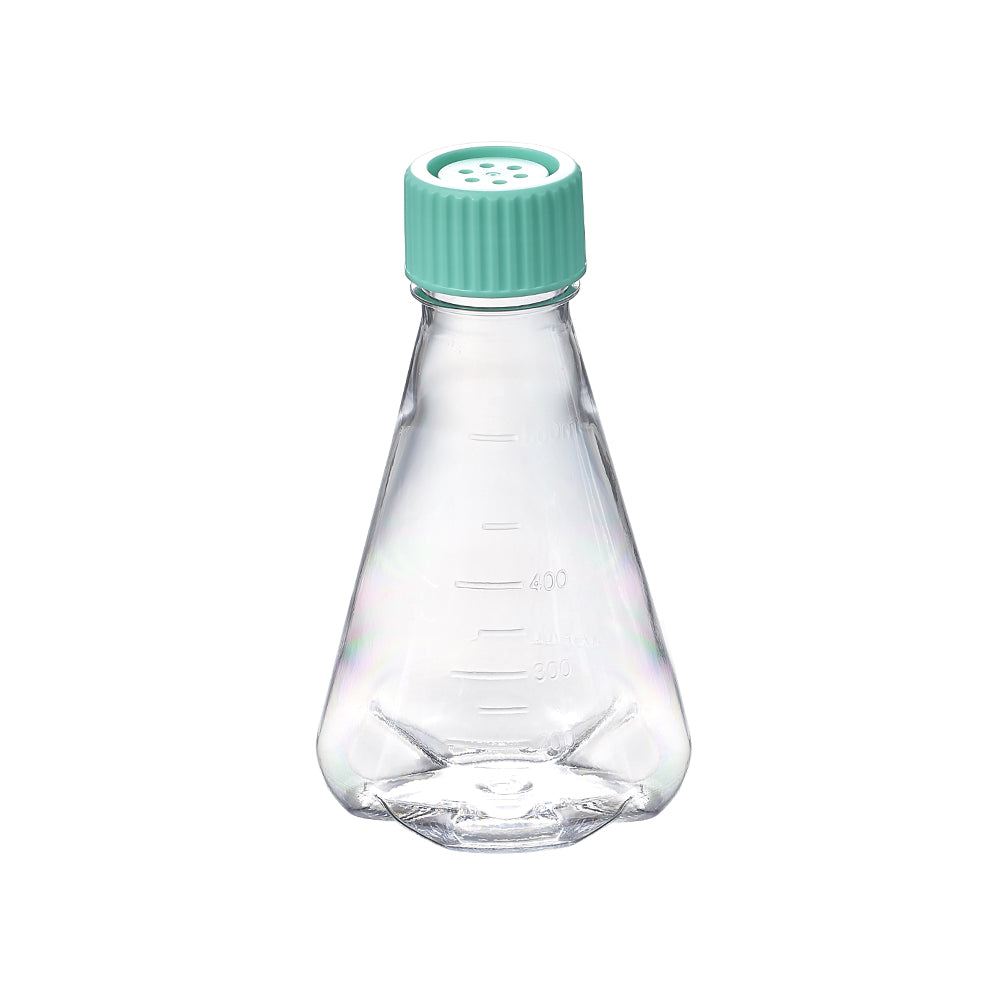 Matraz Erlenmeyer de PC estéril de 500 ml con deflector, sin tratamiento, con tapa de ventilación, libre de DNasa/RNasa y pirógenos.