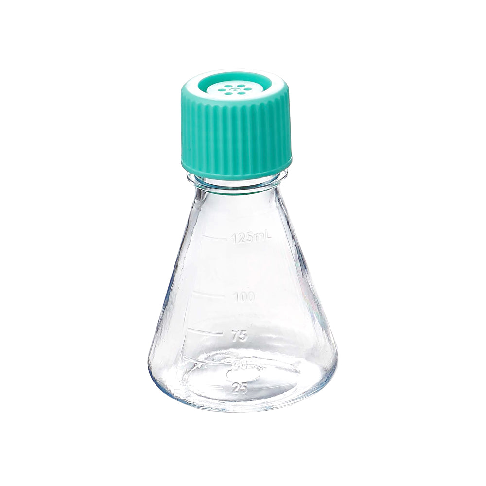 Matraces Erlenmeyer de 125 ml, PETG, sin tratamiento, tapa de ventilación, ADNasa/ARNasa, apirógenos, estériles, 24 unidades por caja
