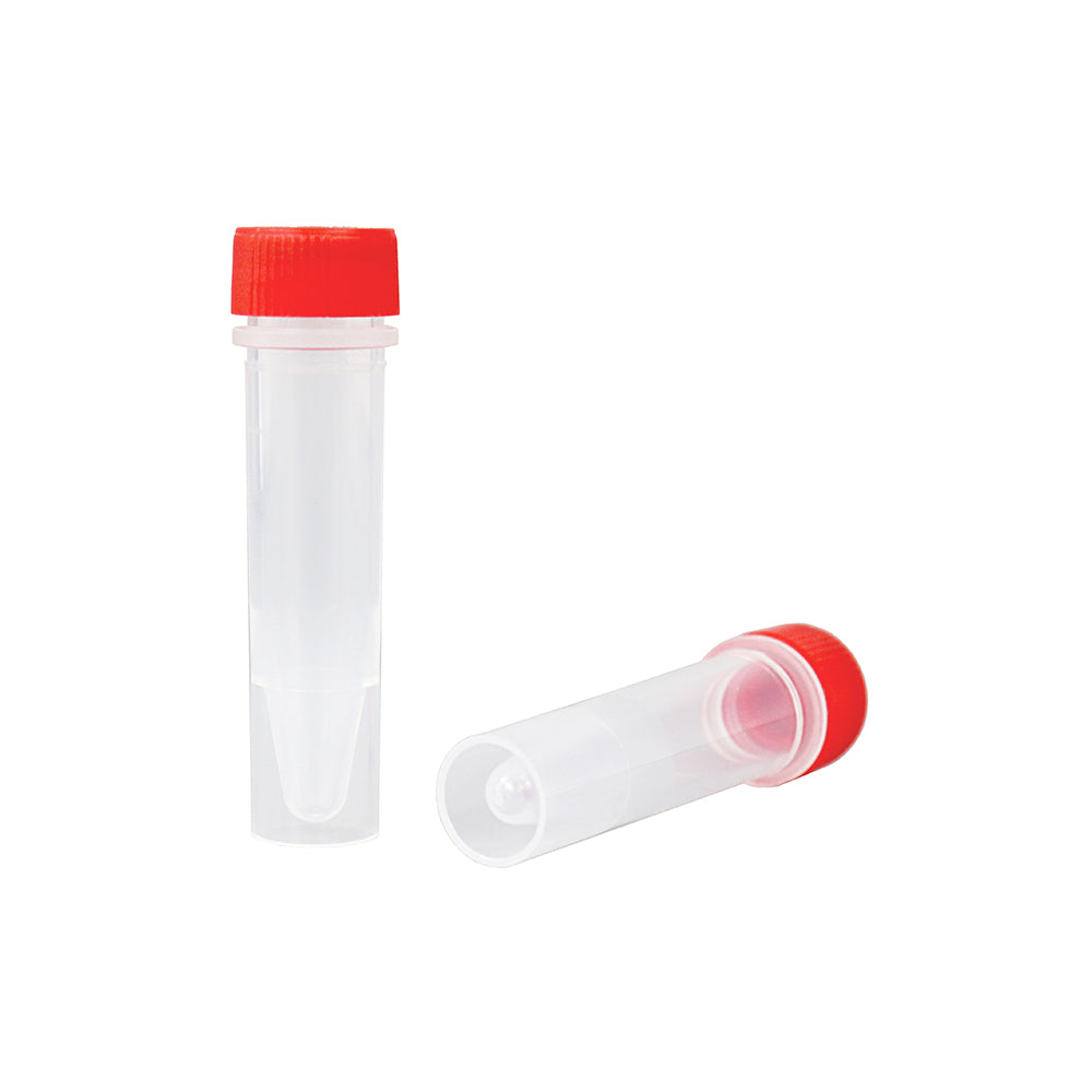 Viales de congelación de 1,5 ml, autoportantes, en bolsa plana roja. No estériles, libres de ADNasa y ARNasa, apirógenos. Caja de 5000 unidades.
