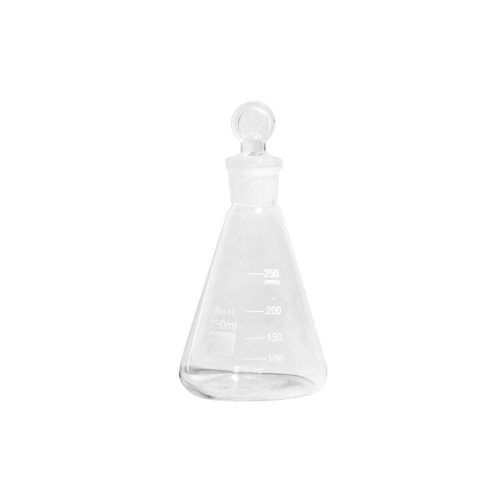 Conical Flask with Ground Glass Stopper, Borosilicate 3.3 Glass, 250mL, Bottle OD 83mm, 140mm H, 72 pcs/case