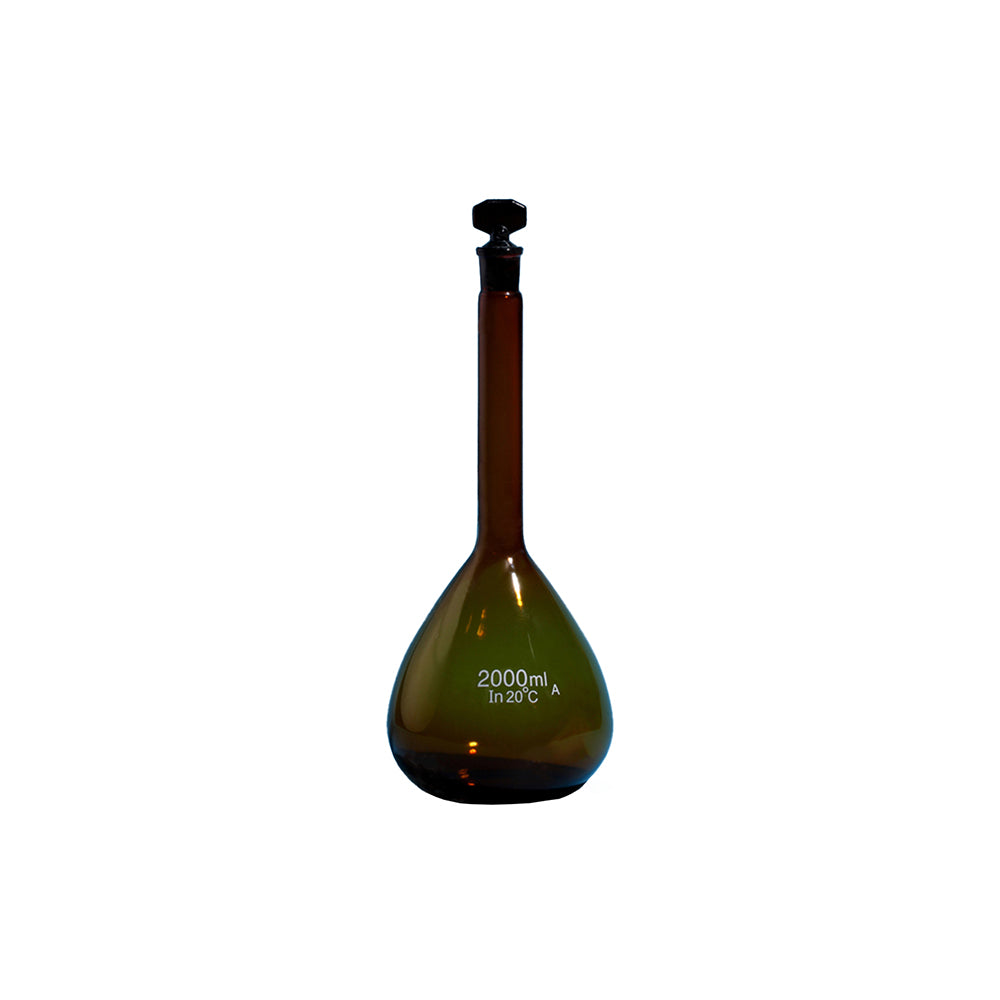Volumetric Flask, Amber Glass, Class A, with Ground Glass Stopper, 25mL, Tol ±0.03mL, Neck OD 12mm, Ground Mouth 10/19mm, Bottle OD 38mm, H 110mm, 288 pcs/case