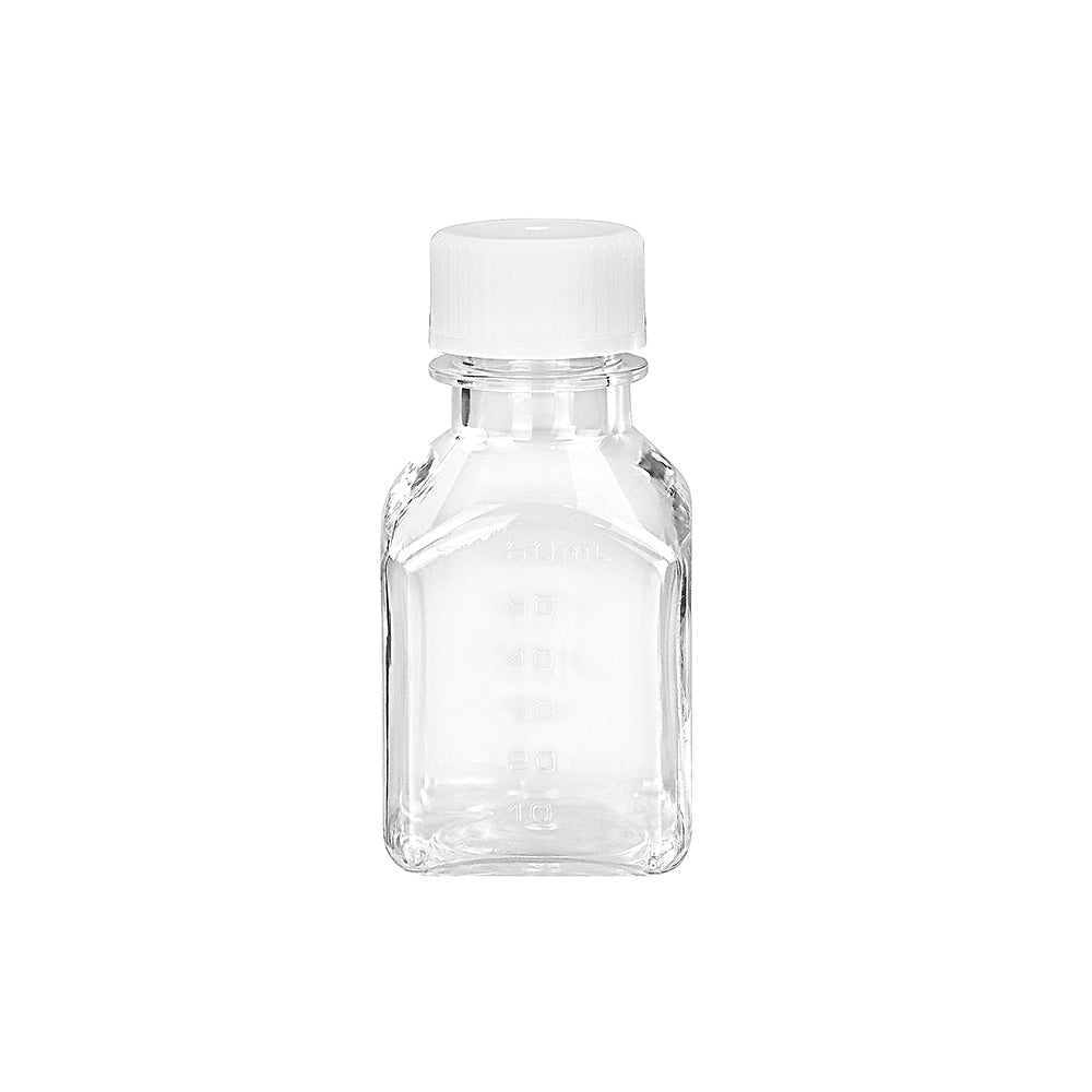 Frasco para medios, 60 ml, PETG, cuadrado, tapa natural, libre de ADNasa y ARNasa, estéril, 96 unidades/caja