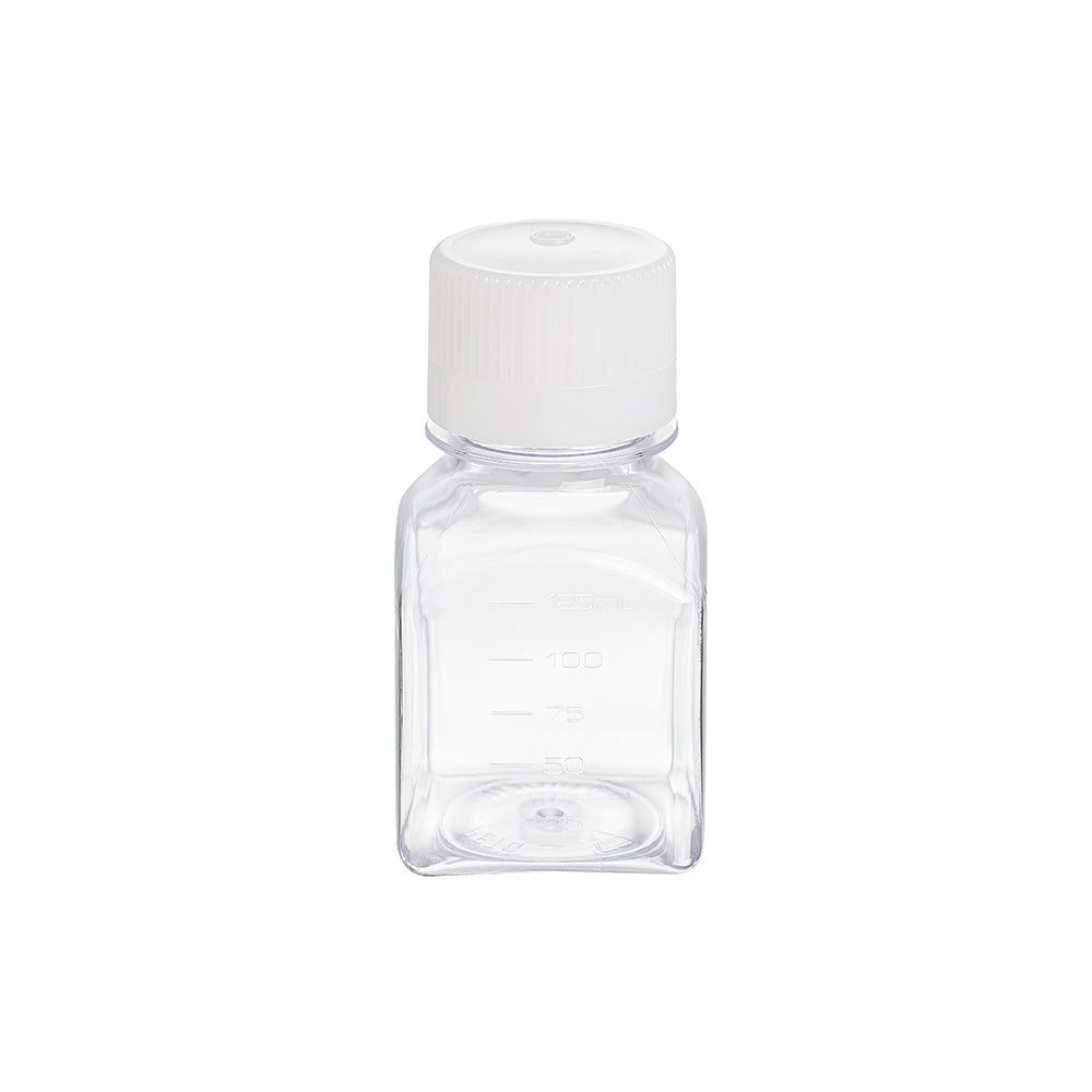 Frasco para medios, 125 ml, PETG, cuadrado, tapa blanca, libre de ADNasa y ARNasa, estéril, 96 unidades/caja