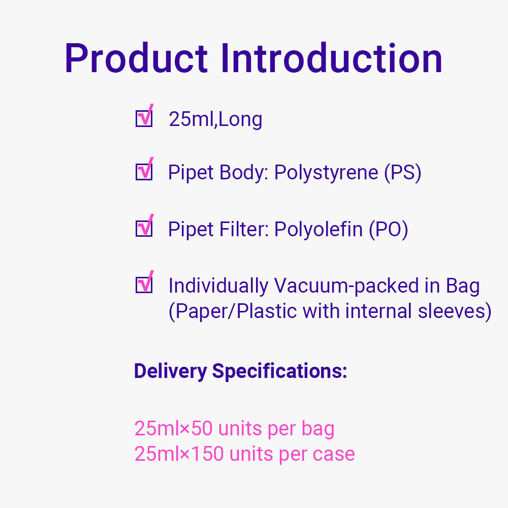 25 mL Long Sterile Serological Pipets with 2/10 mL Graduations, Red Color Code, Individually Vacuum-packed in Bag(Paper/Plastic with internal sleeves)