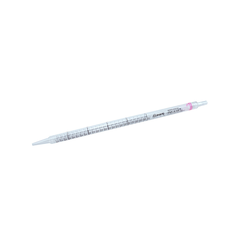 25 mL Long Sterile Serological Pipets with 2/10 mL Graduations, Red Color Code, Individually Packaged (Paper/Plastic)