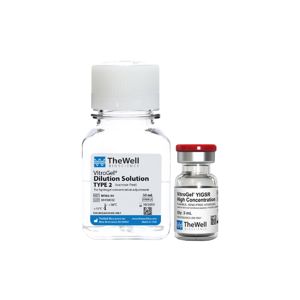 Kit de hidrogel VitroGel® YIGSR de alta concentración sintonizable sin xenogeles con solución de dilución sin sacarosa para cultivos celulares sensibles al azúcar, 3 ml